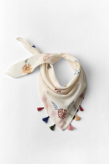 ŠÁTEK S VÝŠIVKOU RYB A BAMBULEK - Přírodní od Zara