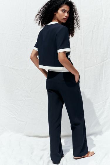 PANTALON DROIT TAILLE CONTRASTÉE - Bleu marine de Zara - Image 2