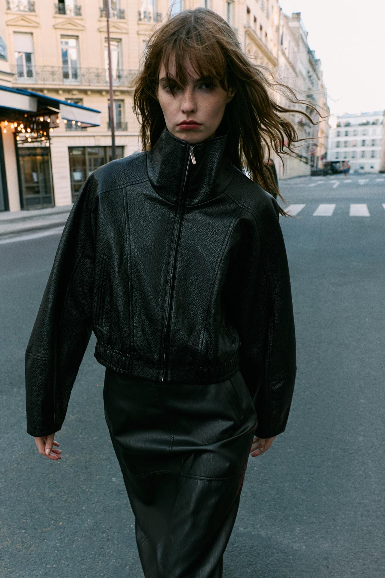 FAUX-LEATHER CROPPED JACKET — Black
