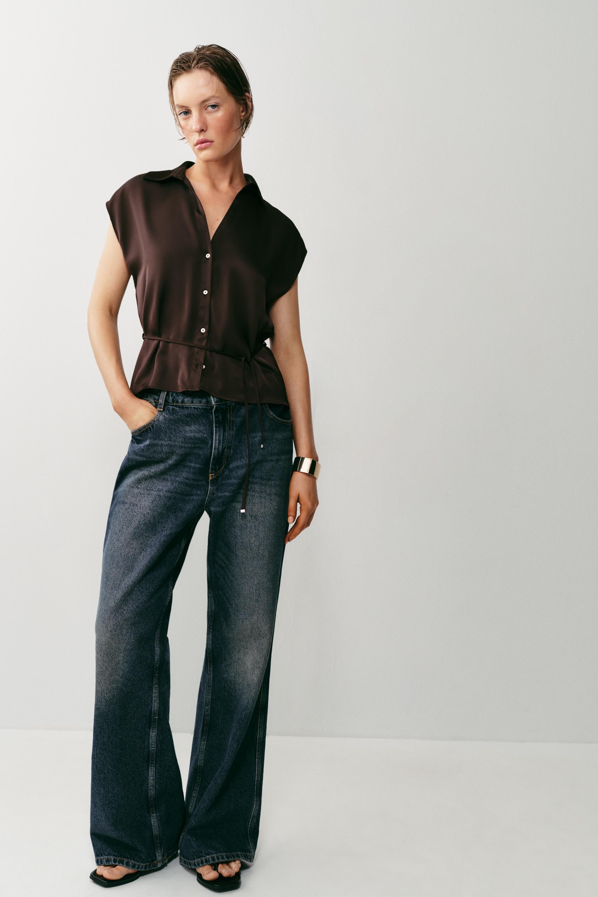 BELTED SATIN EFFECT SLEEVELESS SHIRT — Brown