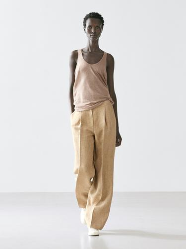 Zara Flowing linen trousers with darts - Beige - Image 0