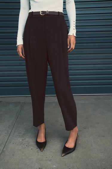 PANTALON À PINCES AVEC CEINTURE - Marron foncé de Zara - Image 1