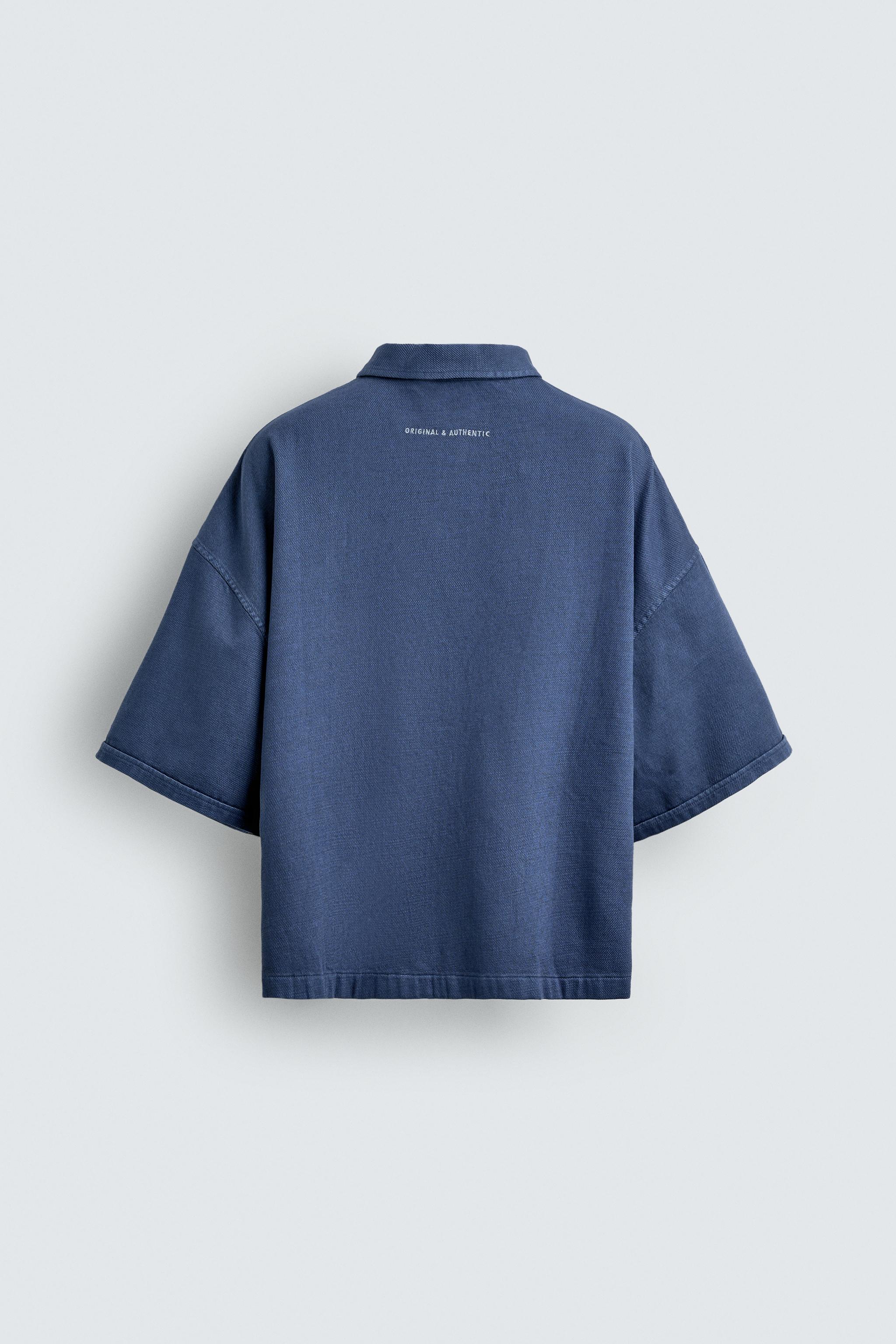 EMBROIDERED TEXT BOXY FIT POLO SHIRT - Blue / Gray | ZARA Canada