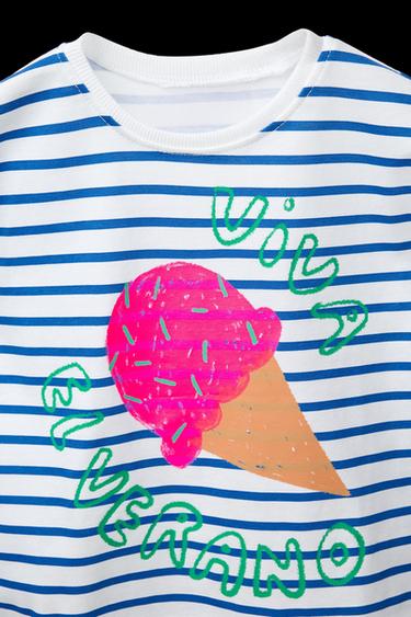 GESTREIFTES T-SHIRT MIT PRINT - Blau meliert von Zara