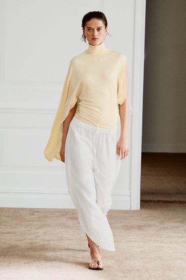 Zara ZW COLLECTION LINEN PANTS WITH VENTS - White