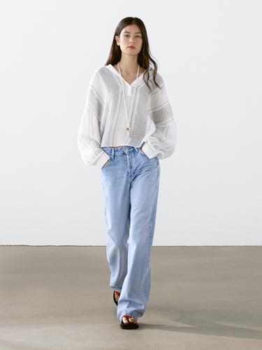 Zara Flowing striped linen blend blouse - White - Image 0