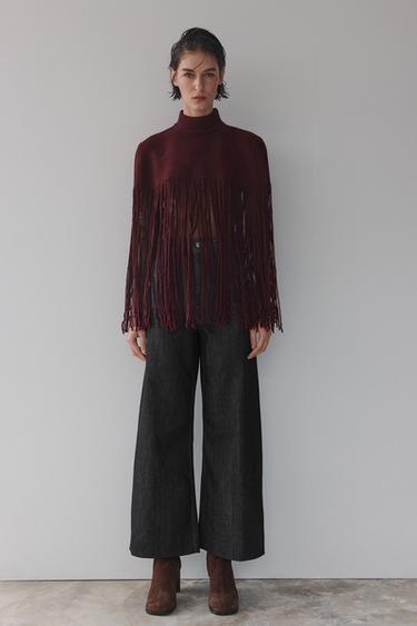 KNIT CAPE WITH FRINGING - Burgundy by Zara - Image 0