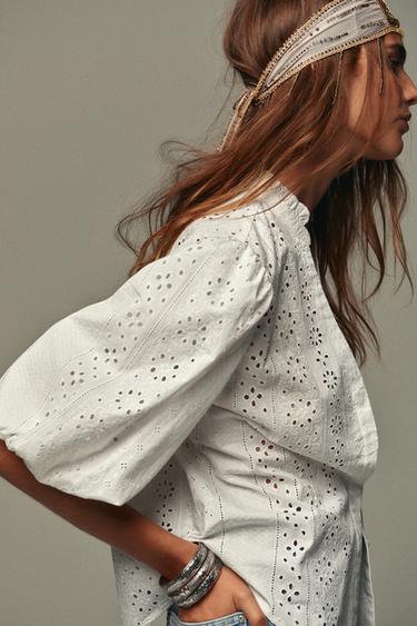 CHEMISE BRODERIES PERFORÉES MANCHES BOUFFANTES - Blanc de Zara - Image 3