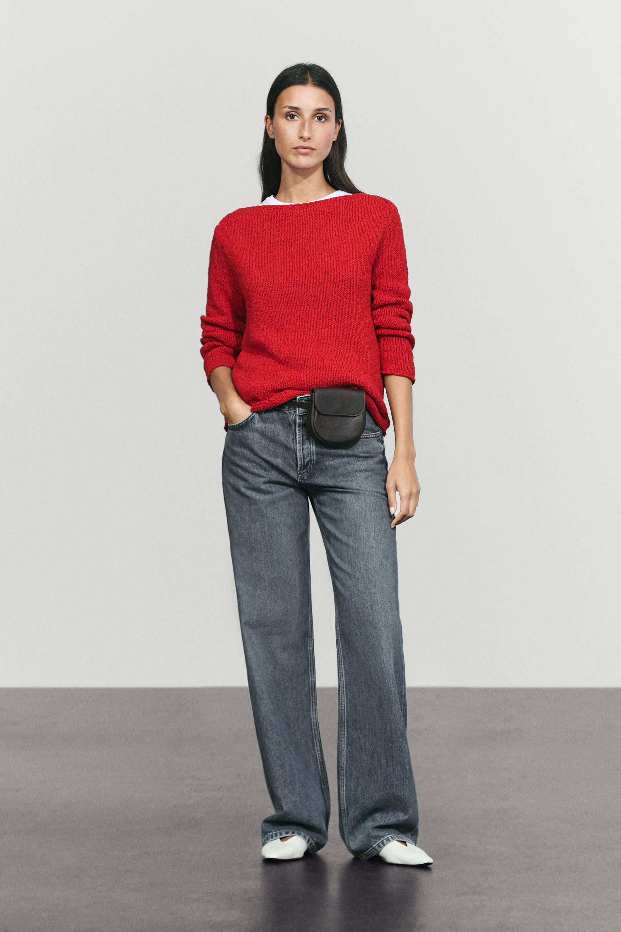Cotton blend knit boat neck sweater