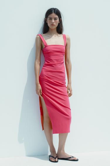 Zara PLEATED MIDI DRESS - Fuchsia - Image 0
