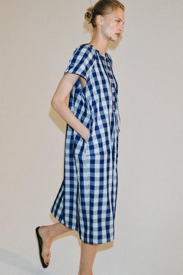 Zara ZW COLLECTION 格紋綁帶洋裝 - 藍色