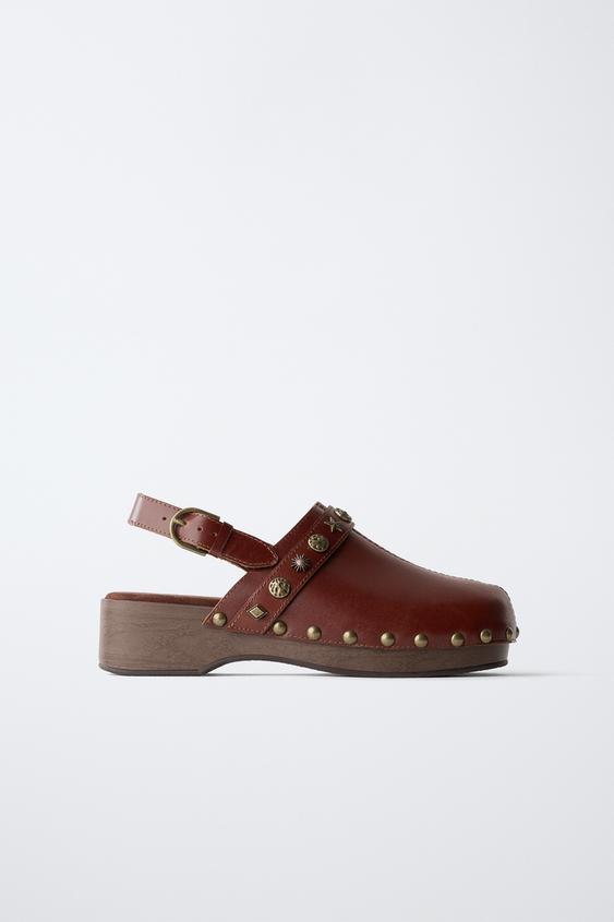 STUDDED LEATHER CLOGS - Brown by Zara - Image 0