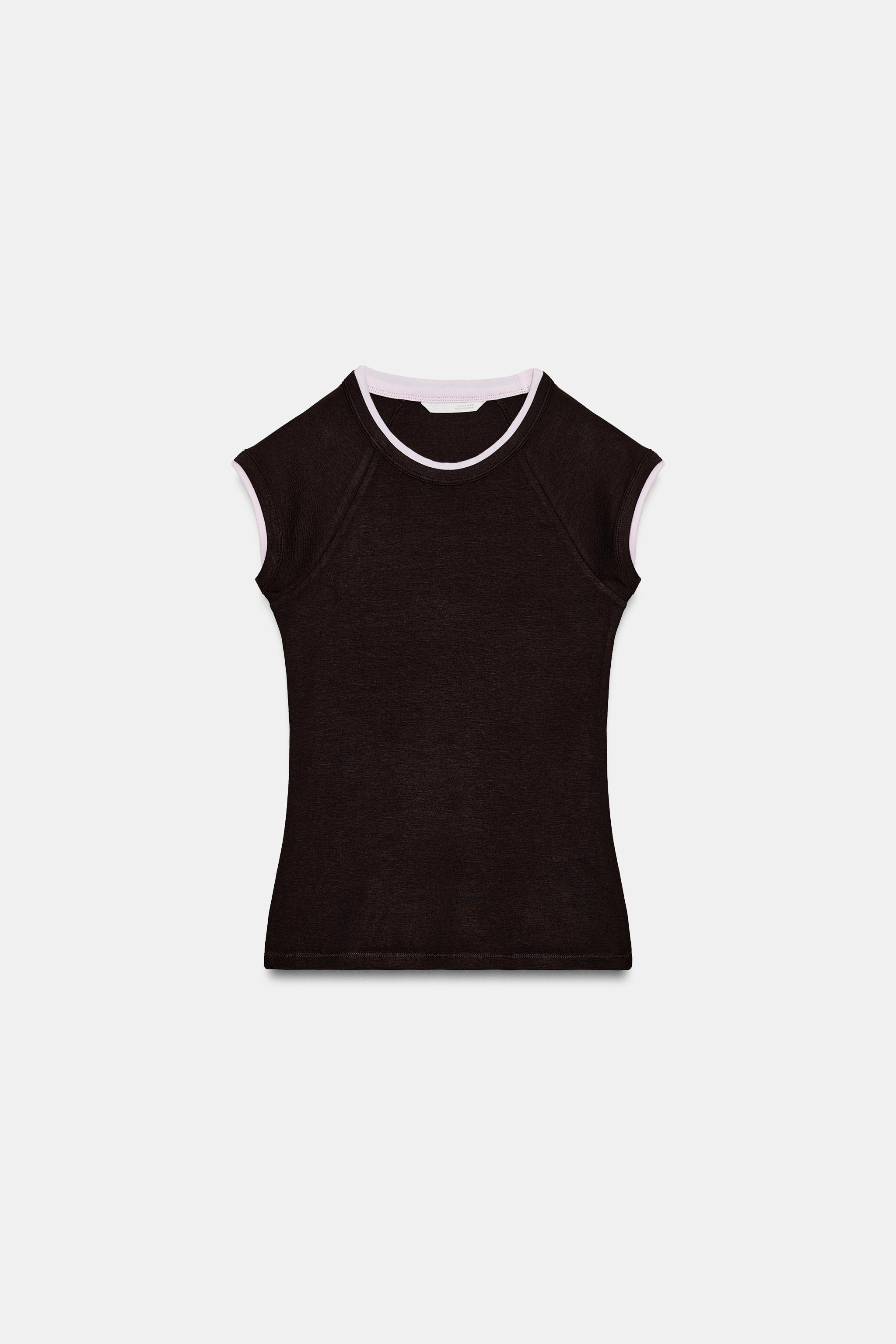DOUBLE SHORT SLEEVE EFFECT T-SHIRT — Chocolate