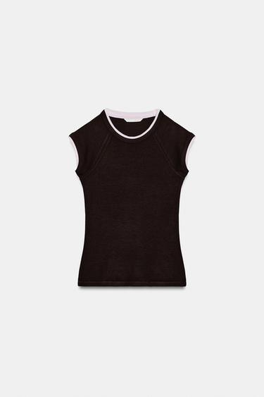 DOUBLE-EFFECT SHORT SLEEVE T-SHIRT — Chocolate 2