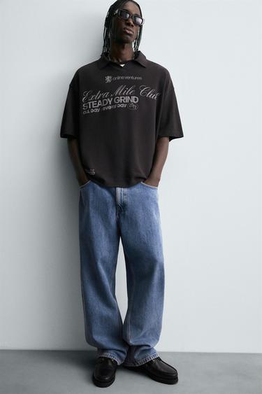 WASHED SLOGAN PRINT POLO SHIRT - charcoal grey by Zara - Image 4