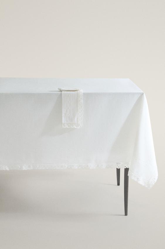 NAPPE COTON BRODÉE ET DENTELLE - Blanc de Zara - Image 0