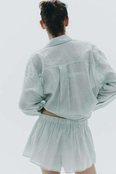 SHORT DE PYJAMA EN GAZE RAYÉ - Blanc / Vert de Zara - Image 4
