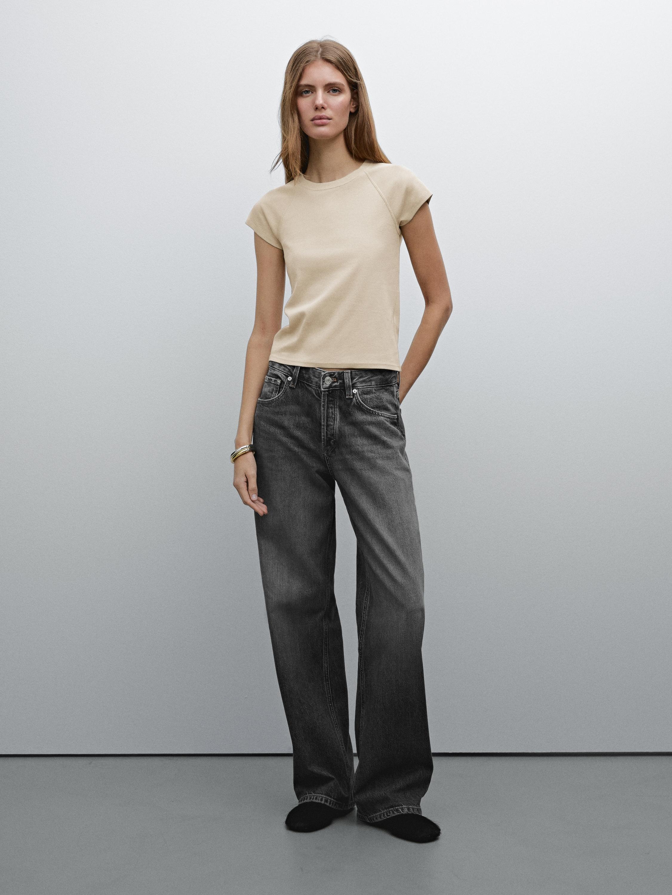 Slim fit raglan sleeve cotton T-shirt - Stone | ZARA United