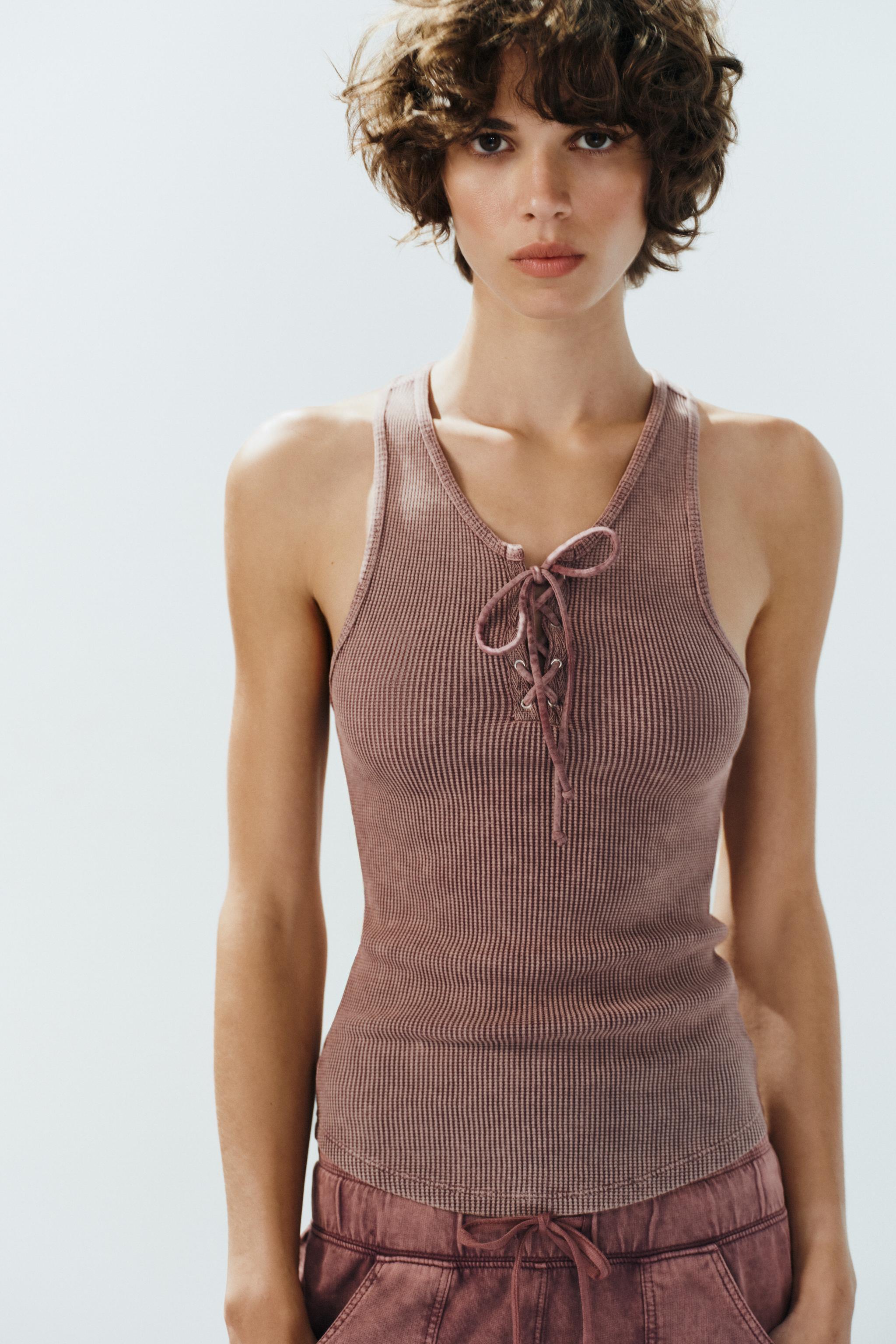 WASHED EFFECT DRAWSTRING TOP — Eggplant