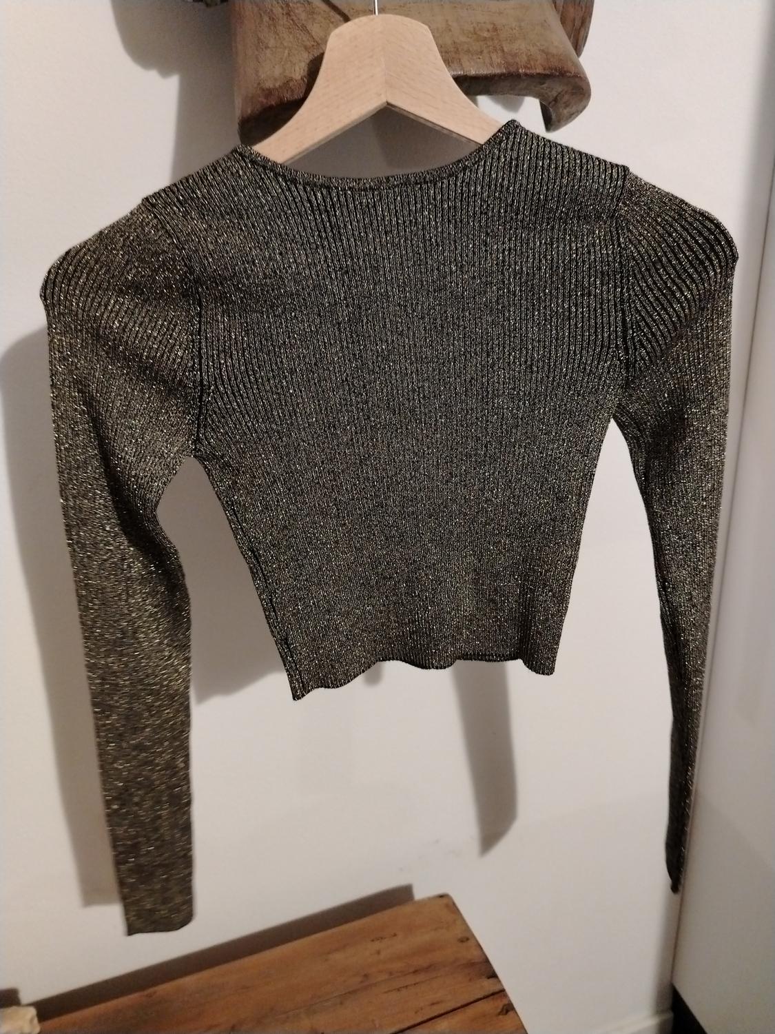 Metallic knit jumper hanging on a wooden hanger against a white background, with a wooden table underneath.