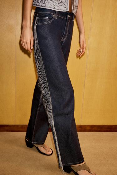 Zara TRF LOW RISE FRINGED STRAIGHT LEG JEANS - Dark indigo