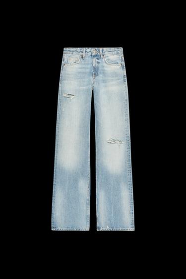 Zara TRF MID-RISE RIPPED WIDE LEG JEANS - Blue