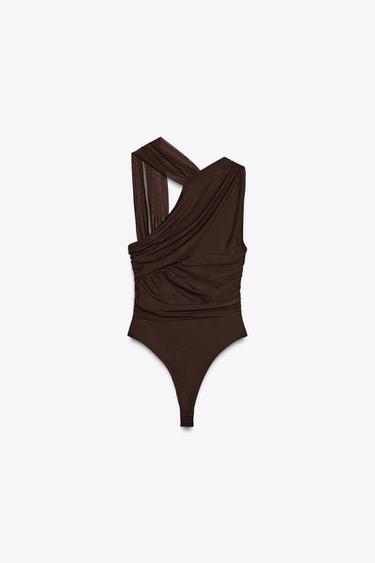 Zara DRAPED TULLE BODYSUIT - Dark brown