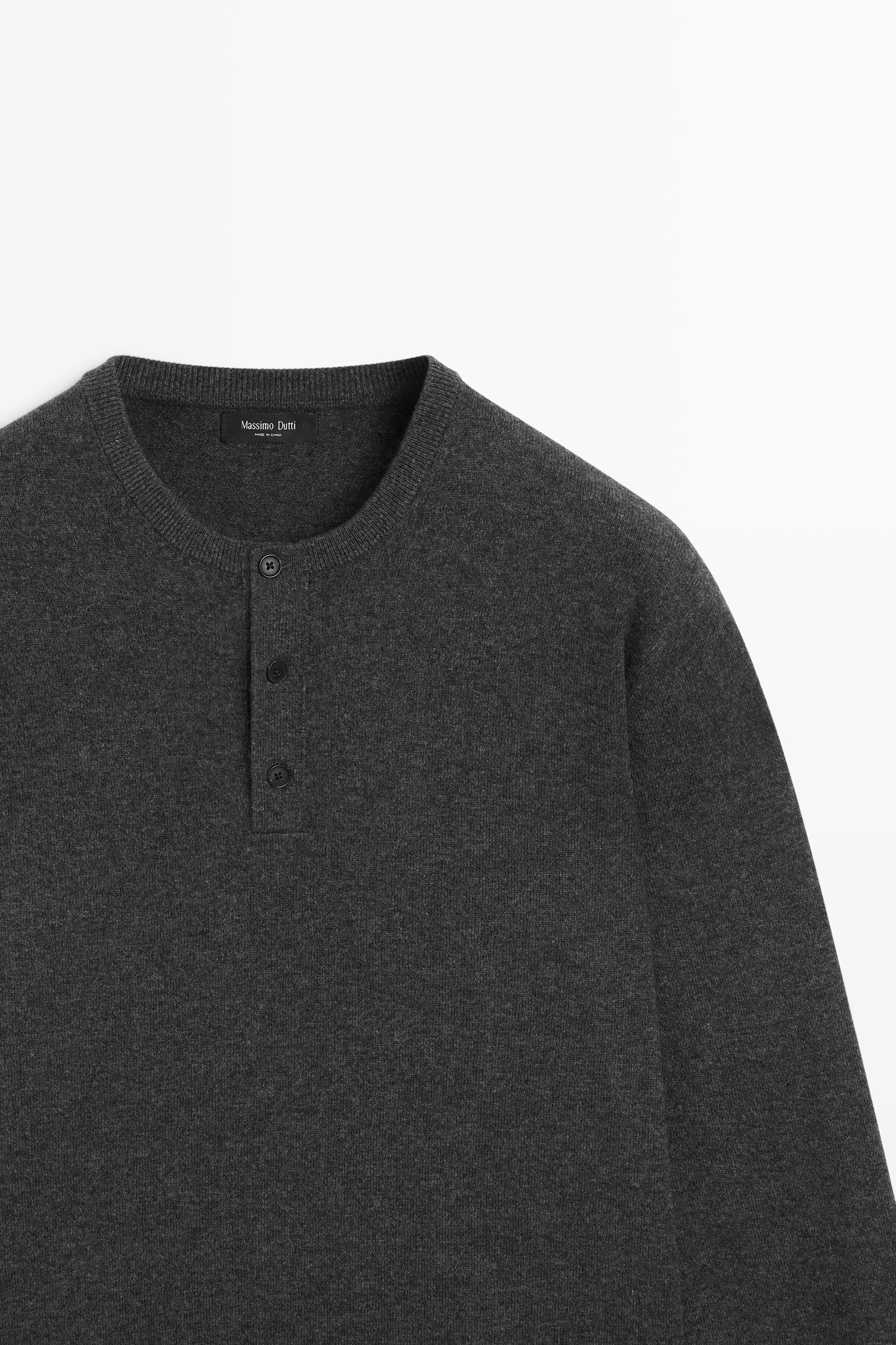 Wool-blend knit henley neck sweater