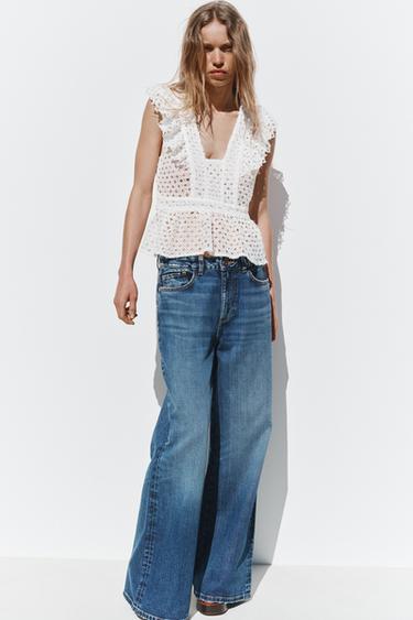 Zara OPENWORK EMBROIDERED TOP - White - Image 0