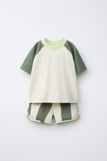 COMPLETO T-SHIRT COLORBLOCK E BERMUDA ONDE - Verde di Zara