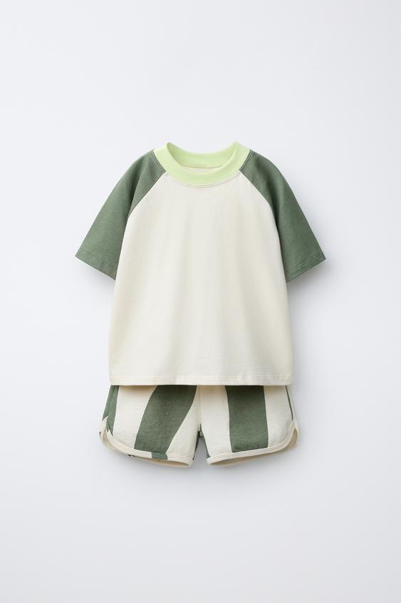 COLOUR BLOCK T-SHIRT AND WAVE BERMUDA SHORTS SET - Green by Zara - Image 0
