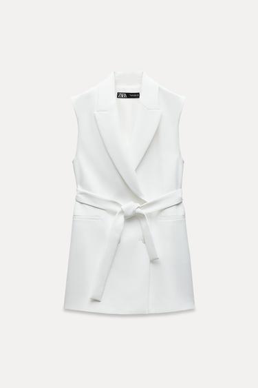 DLOUHÁ VESTA S PÁSKEM - Špinavě bílá od Zara