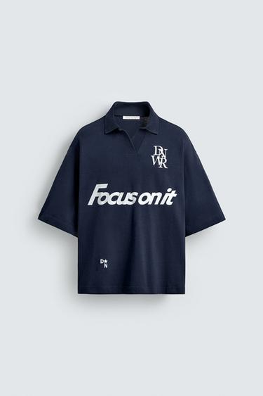 Zara TEXT PRINT POLO SHIRT - Navy blue
