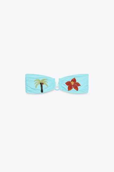 PALM TREE BEADED BIKINI TOP - Turquoise by Zara