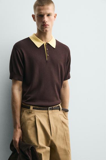 POLO EN MAILLE DÉCONTRACTÉ À CONTRASTE - Marron de Zara - Image 5