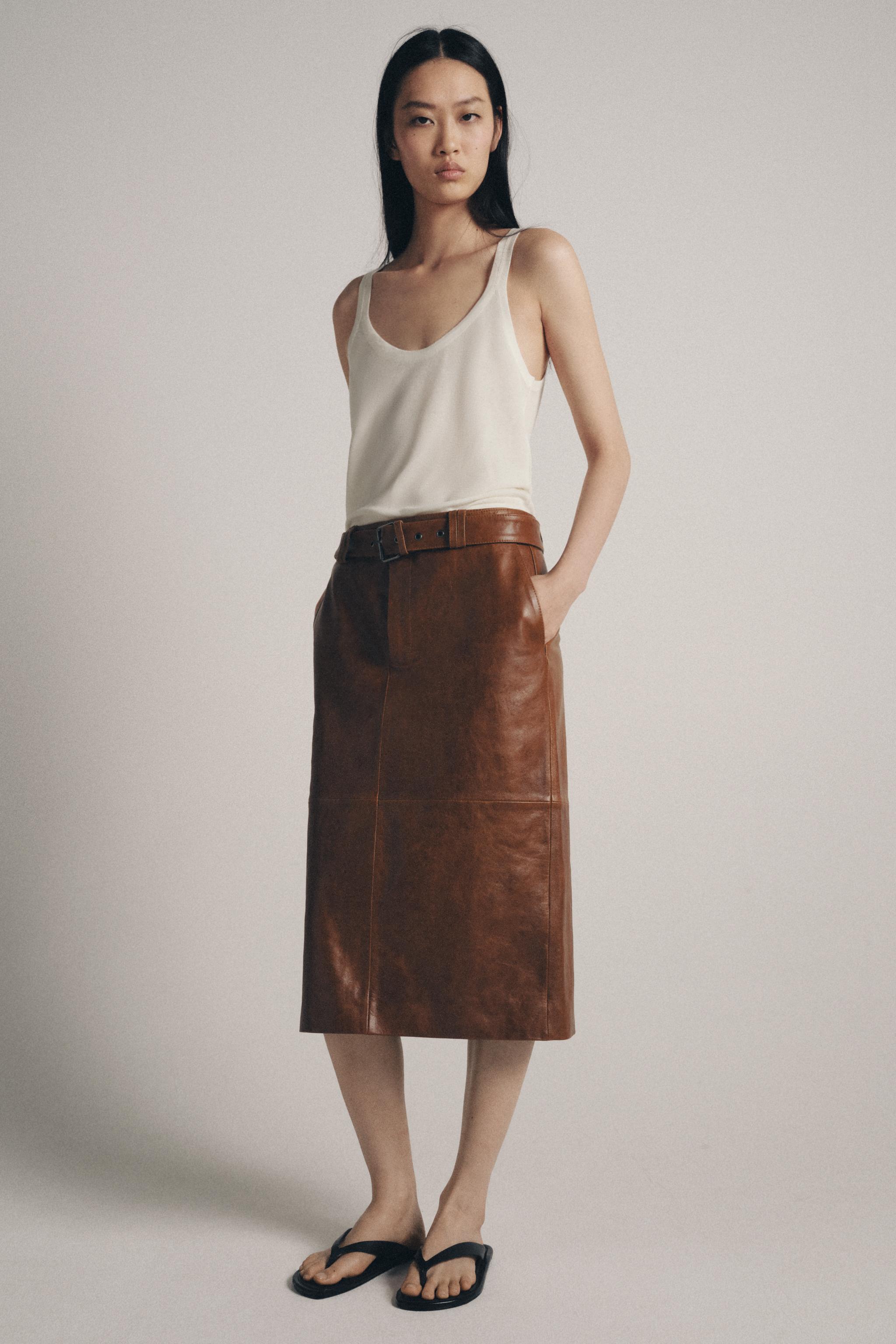 100% LEATHER PENCIL SKIRT ZW COLLECTION LIMITED EDITION - taupe