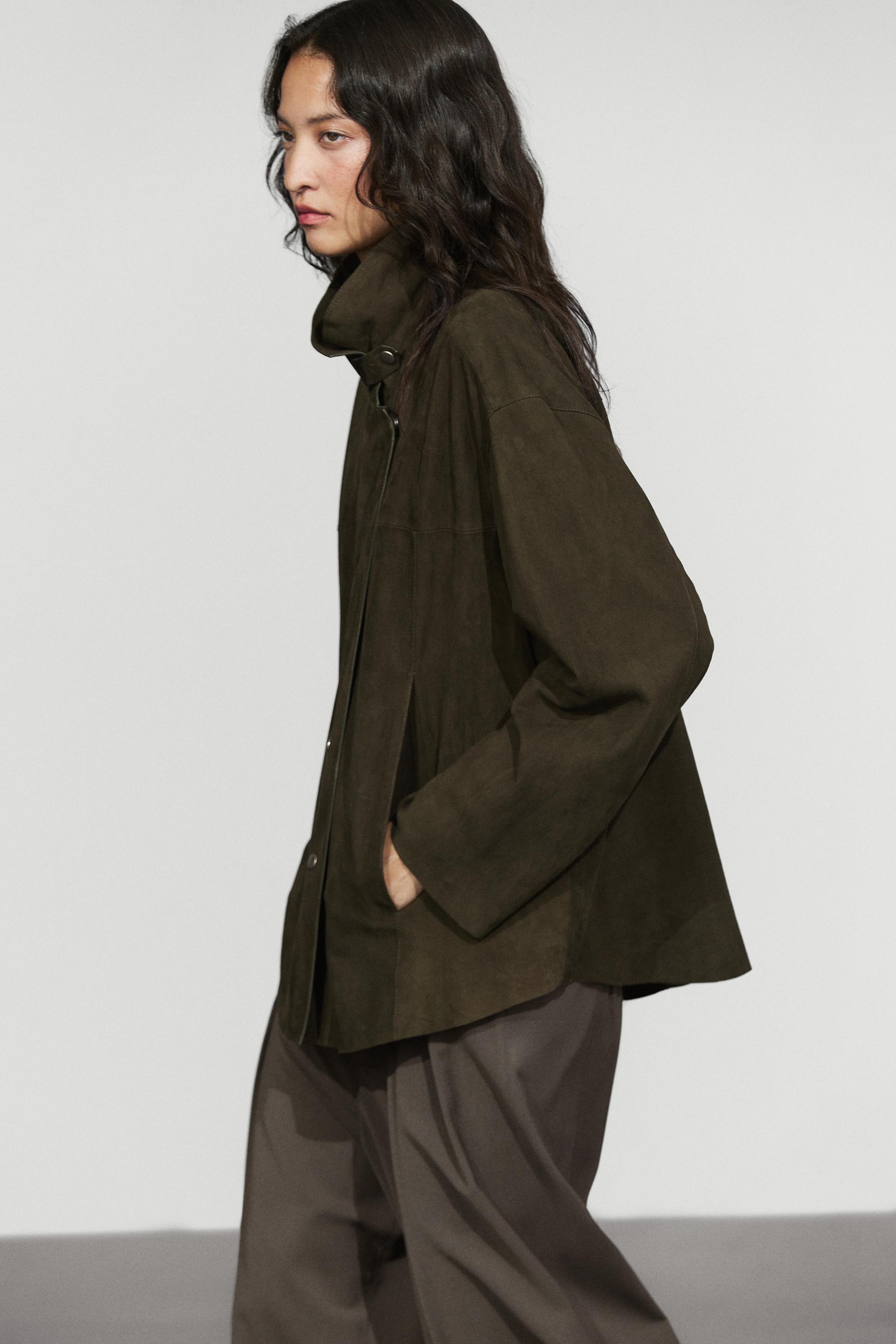 Veste col montant en cuir et daim