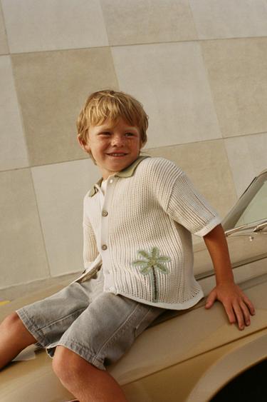 Zara PALM TREE EMBROIDERED KNIT SHIRT - Ecru / Khaki