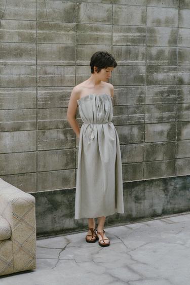 ZW COLLECTION PLEATED LINEN BLEND DRESS - Light grey by Zara