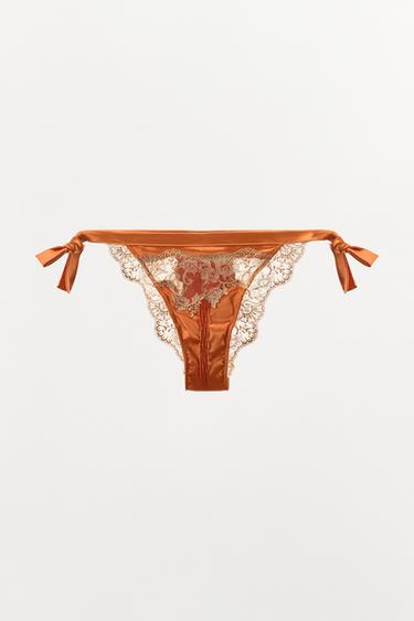 SATINSLIP MIT SCHNÜRUNG UND SPITZE - Weiss/Orange von Zara