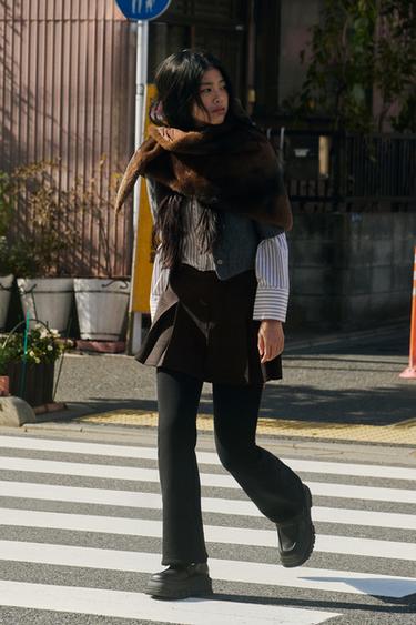 Zara 格紋打褶短褲裙 - 卡其色