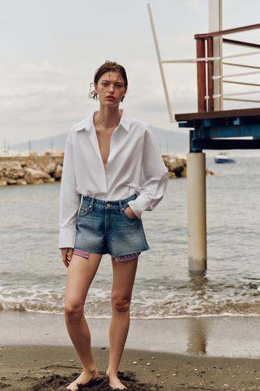 Z1975 MOM FIT SHORTS WITH FRAYED HEM - Blue by Zara