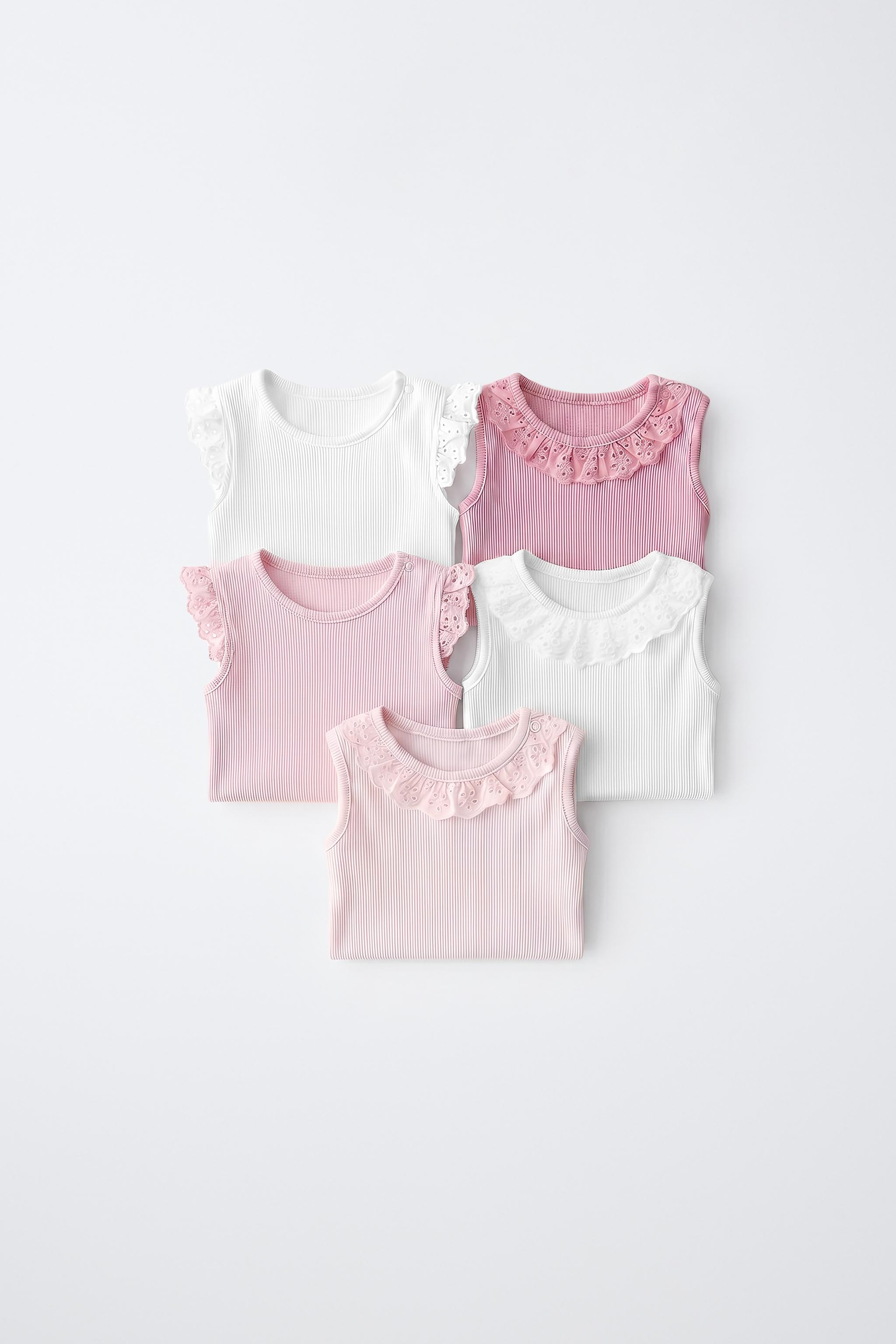 FIVE-PACK SWISS EMBROIDERED SLEEVELESS BODYSUITS — Pink