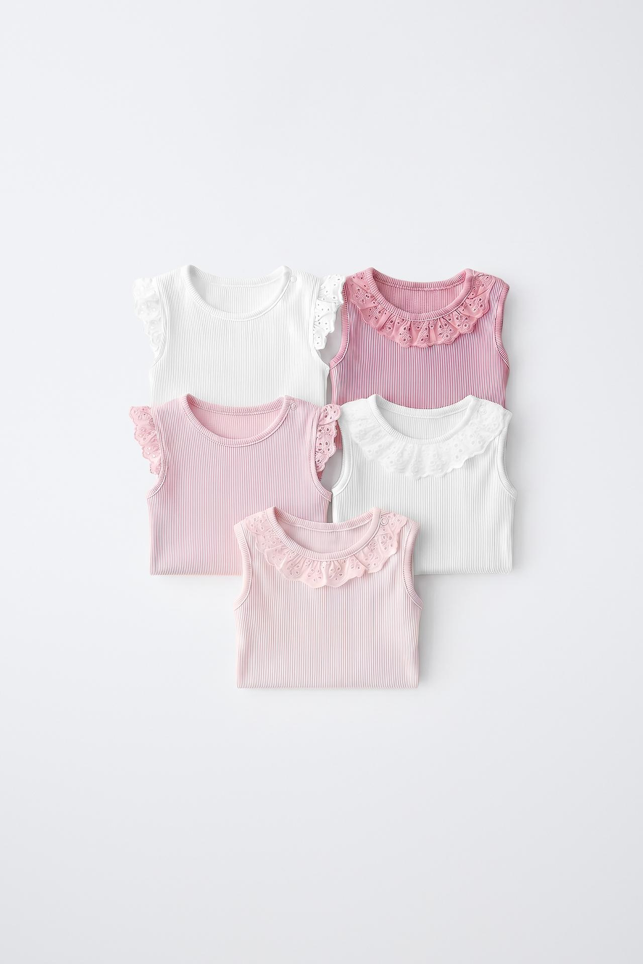 FIVE-PACK SWISS EMBROIDERED SLEEVELESS BODYSUITS — Pink