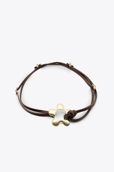 LEATHER CORD BELT WITH FLOWERS - Brown by Zara - Image 0