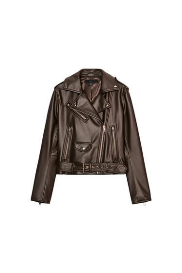 Front view of a brown biker jacket with a lapel collar, zips, front pockets, and a belt at the hem.