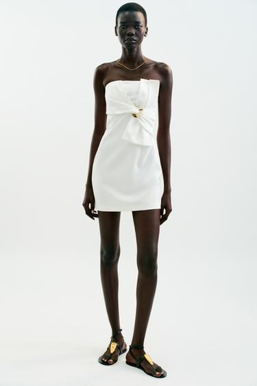 Zara MINI DRESS WITH GOLD APPLIQUÉ BOW - Ecru