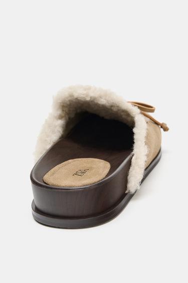 LEATHER SHEARLING EFFECT CLOGS - Sand Brown by Zara - Image 5