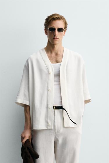 Zara RELAXED FIT VISCOSE-HEMP SHIRT - Oyster-white