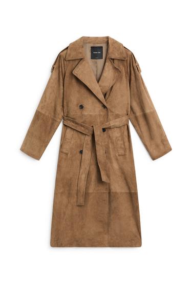 Trench long en cuir effet daim - Marron clair de Zara